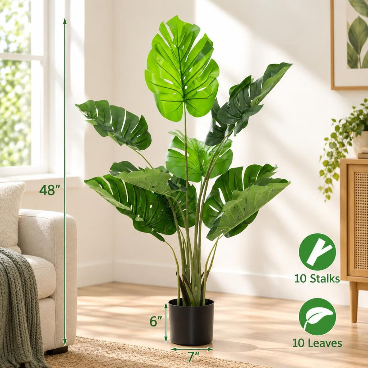 Airfind 2 Pack Artificial Monstera Deliciosa Tree with 10 Leaves of Different Sizes, PEVA plastic wire cement Frame, Green Black