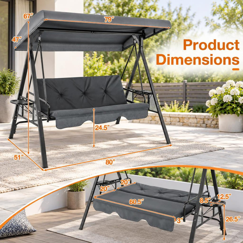 Airfind Convertible 3-Seat Patio Porch Swing Chair to Flat Bed with Adjustable Canopy, 1000 lbs Capacity, 80 x 51 x 67 Footprint, Gray