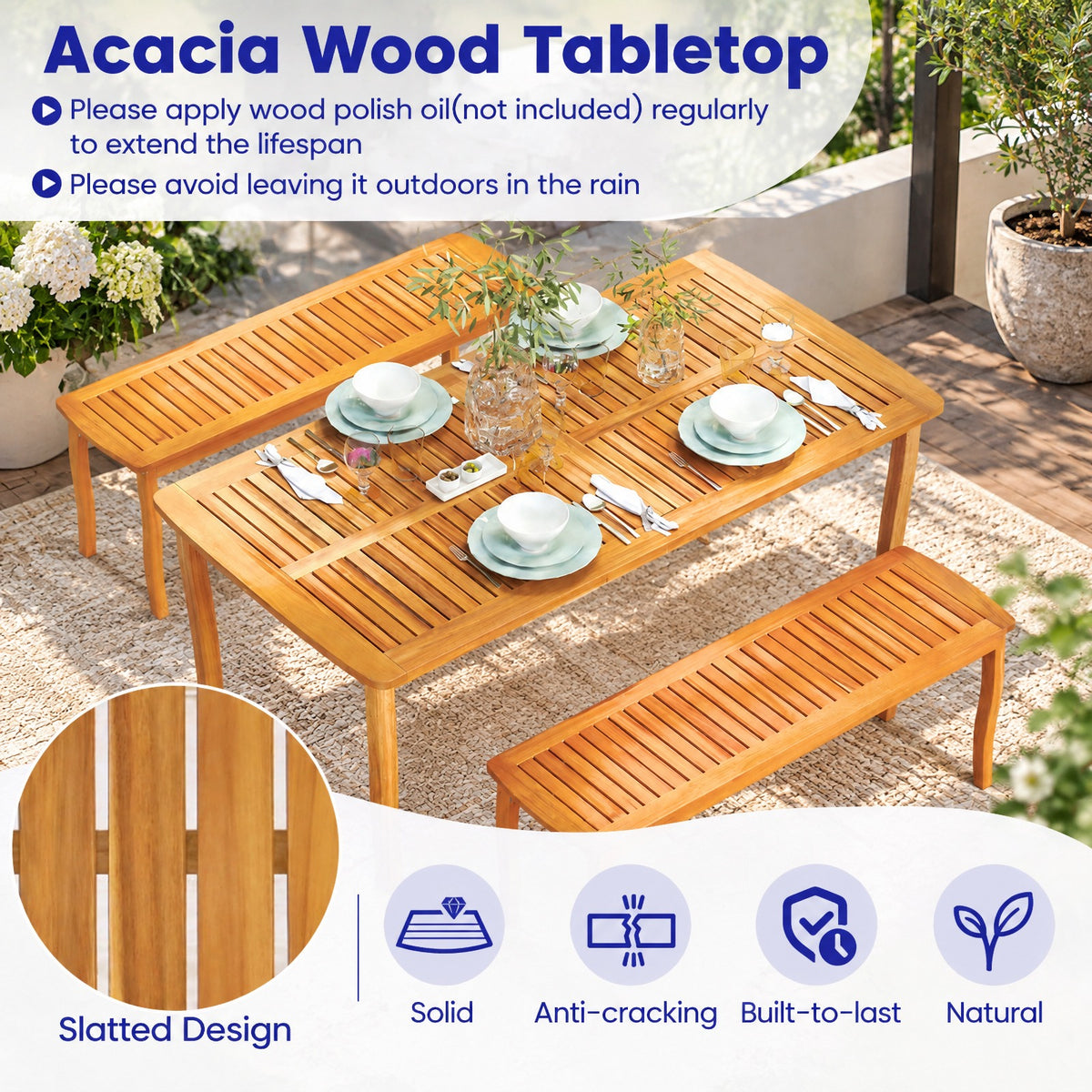 Airfind 63 inch Outdoor Dining Table with Umbrella Hole Farmhouse Bistro Dinette Furniture, 165 lbs Capacity, Acacia Wood Frame, Natural