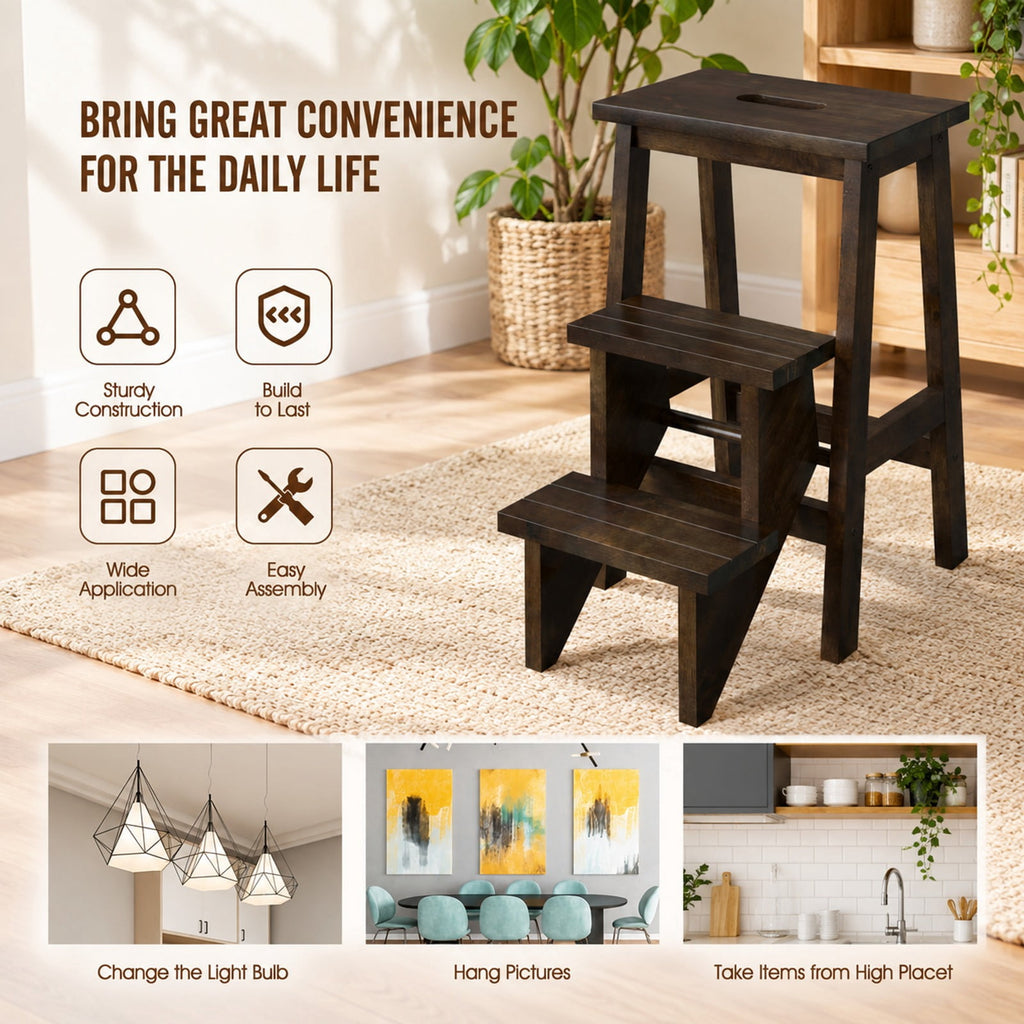 Airfind 3-in-1 Rubber Wood Step Stool with Convenient Handle, Rubber wood Frame, 22 x 16 x 24 Footprint, Brown