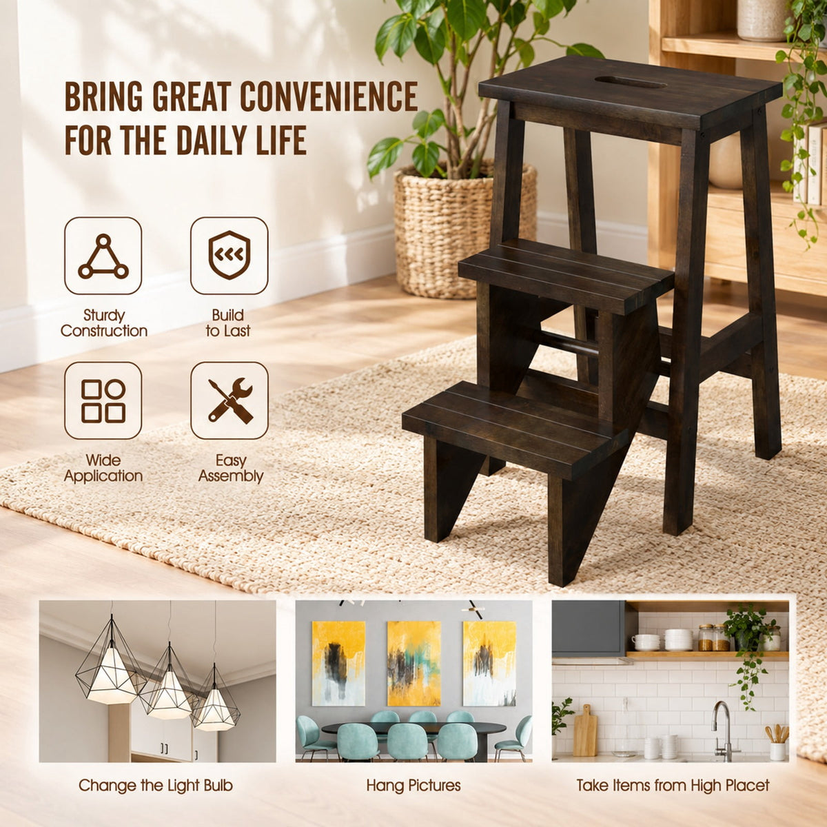 Airfind 3-in-1 Rubber Wood Step Stool with Convenient Handle, Rubber wood Frame, 22 x 16 x 24 Footprint, Brown