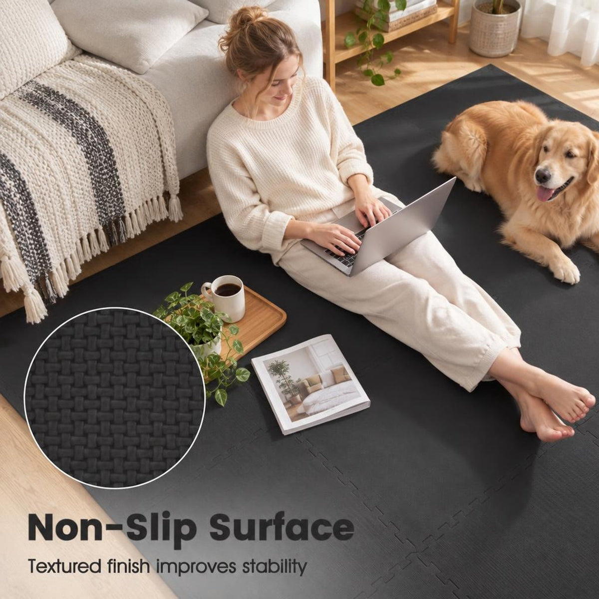 Airfind 24 Pack Non-Slip Protective Interlocking EVA Foam Floor Tiles, EVA Foam Frame, 143 x 97 x 0.5 Footprint, Black