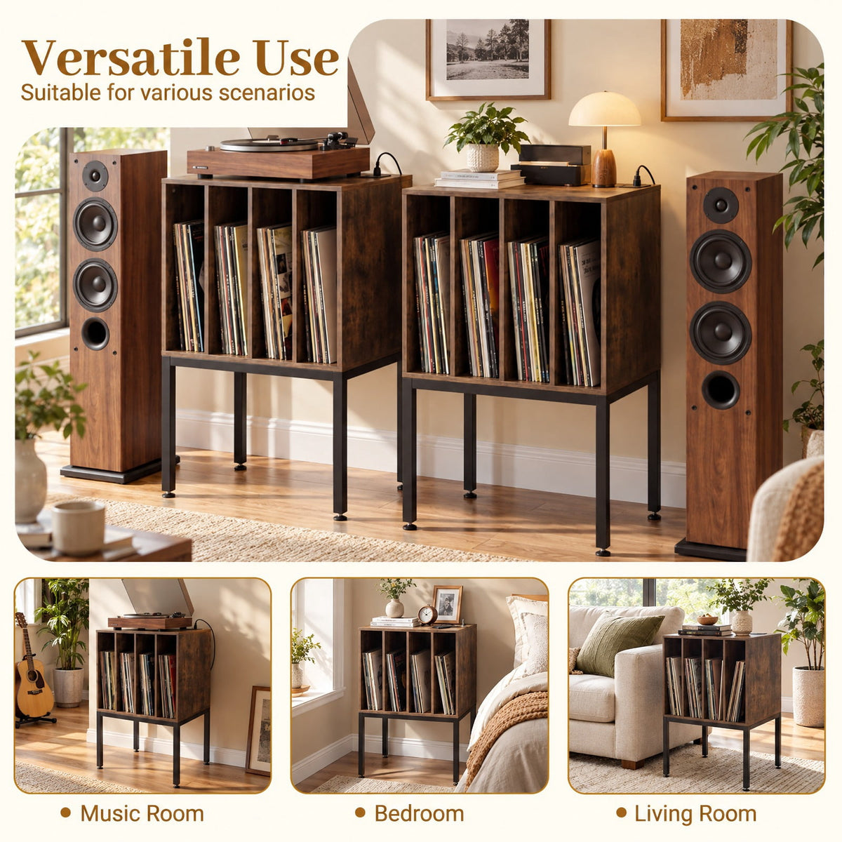 AIRFIND Record Player Stand with Power Outlets, USB and Type-C Ports, Divided Vinyl Storage and Metal Legs, 20 inch Turntable Table, Rustic Brown