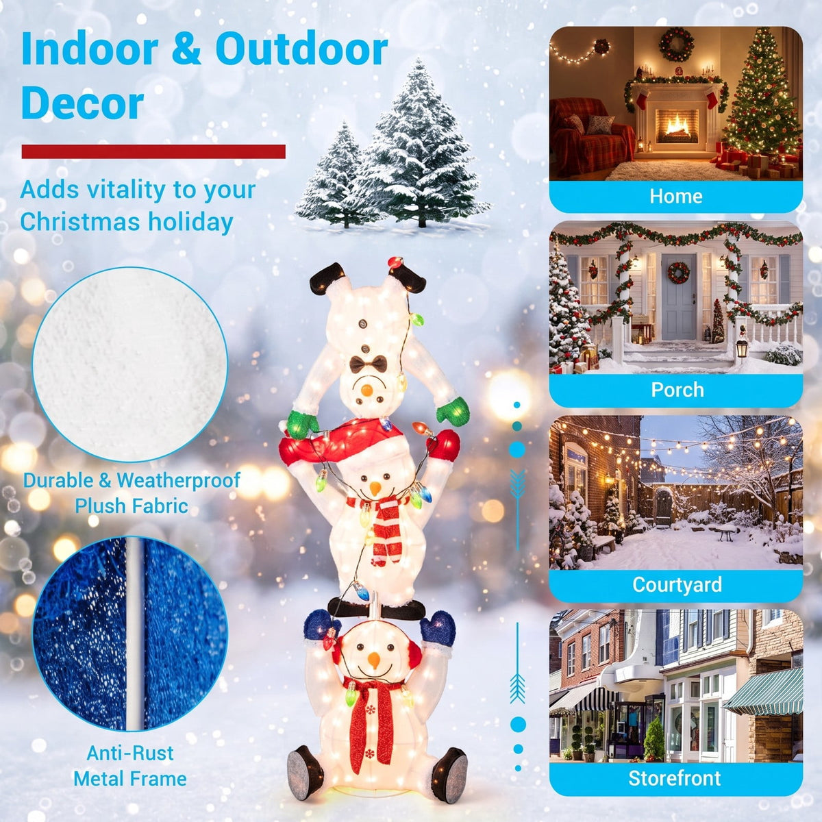Airfind 5.6 Feet Lighted Stacked Snowmen Christmas Decoration, Plush Fabric Metal Frame, White, Overall Dimensions 1.9 x 1.3 x 5.6 ft (L