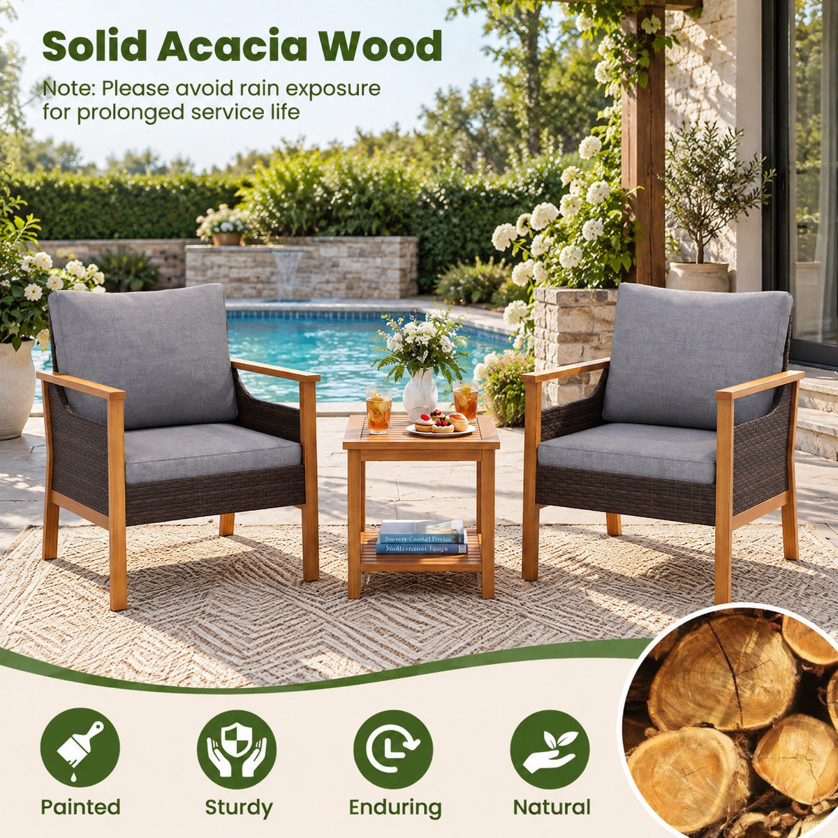 AIRFIND 3 Piece Patio Furniture Set with 2 Cushioned Chairs, Acacia Wood Frame and 2-Tier Side Table, Mix Brown PE Rattan and Gray Cushions