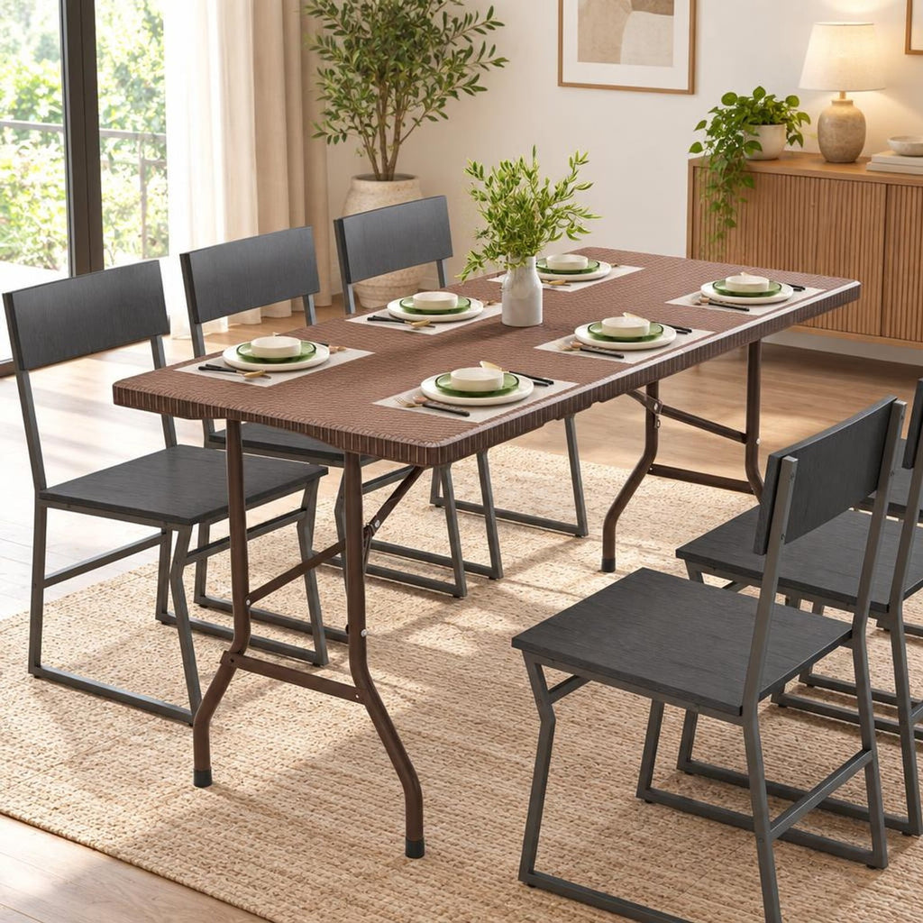 Airfind 5FT Folding Picnic Table with Rattan Grain HDPE Tabletop and Sturdy Metal Fame, 400 lbs Capacity, HDPE Metal Frame, Coffee