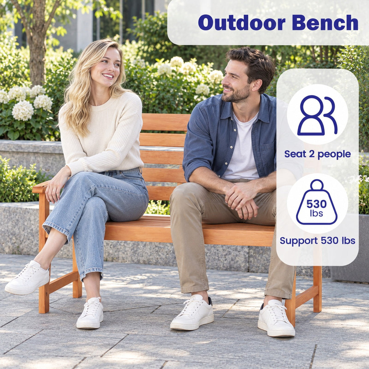 Airfind Outdoor Wooden Bench for 2 People with Curved Seat, Slatted Back and Armrests, 530 lbs Capacity for Porch and Patio, Natural