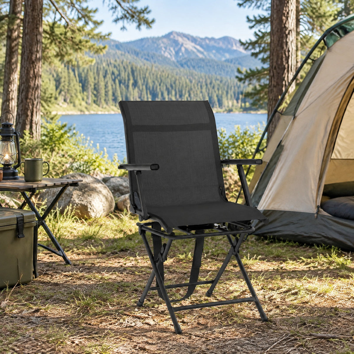 Airfind Foldable Swivel Hunting Chair with Mesh Back, Armrests and Wide Feet, 330 lbs Capacity for Ground Blind and Outdoor Use, Black