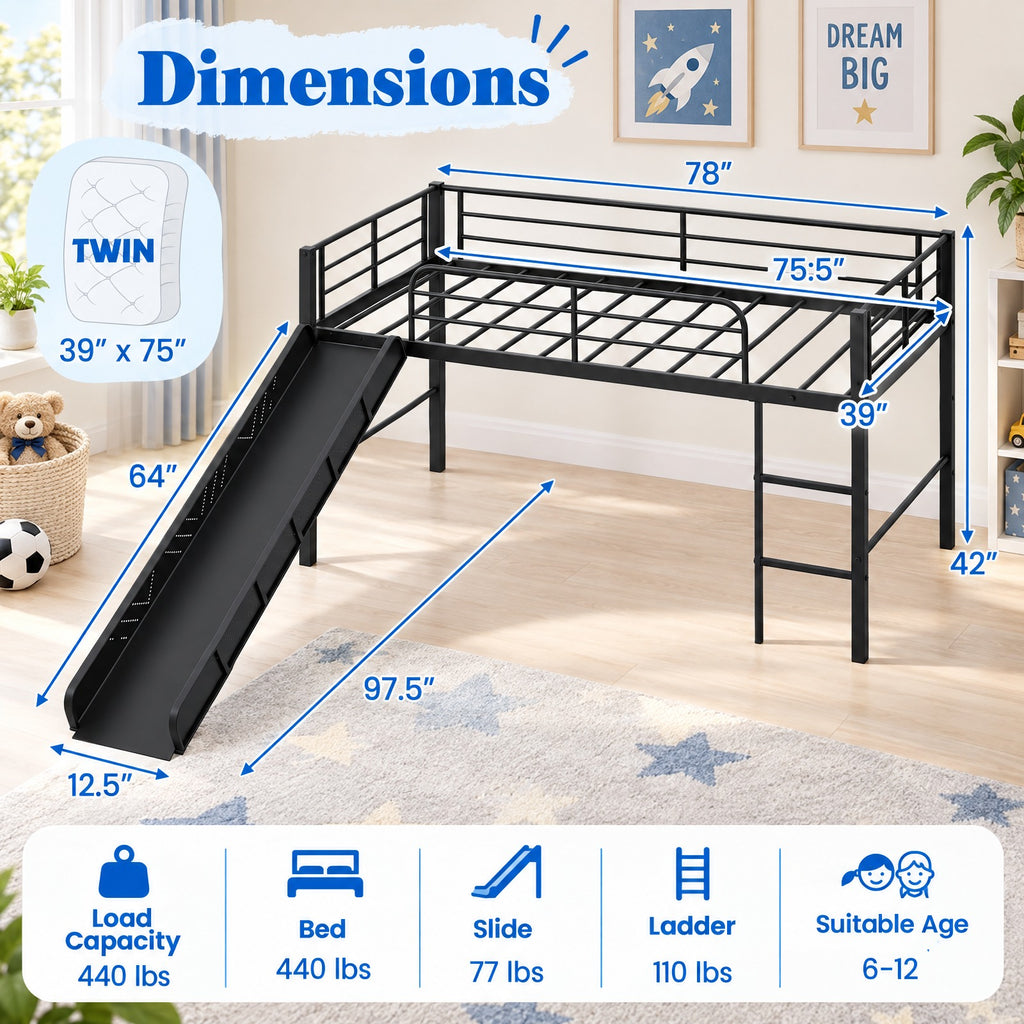 Airfind Twin Metal Loft Bed with Slide Safety Guardrails and Built-in Ladder, 330 lbs Capacity, Steel Frame, 78 x 98 x 43 Footprint, Black