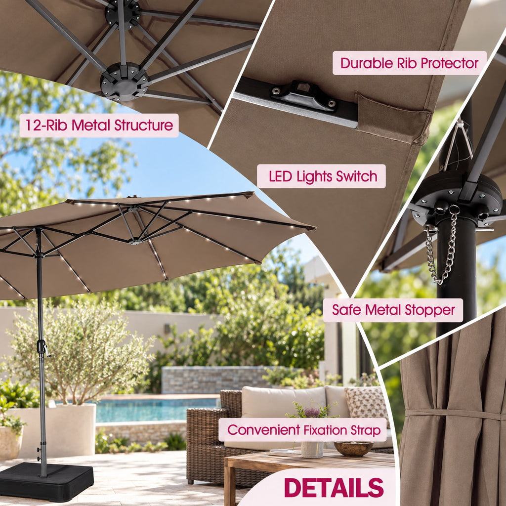 Airfind 15 Feet Twin Patio Umbrella with 48 Solar LED Lights, Steel polyester fabric Frame, 15.4 x 9.2 x 8 (L x W x H) Pole Footprint, Brown