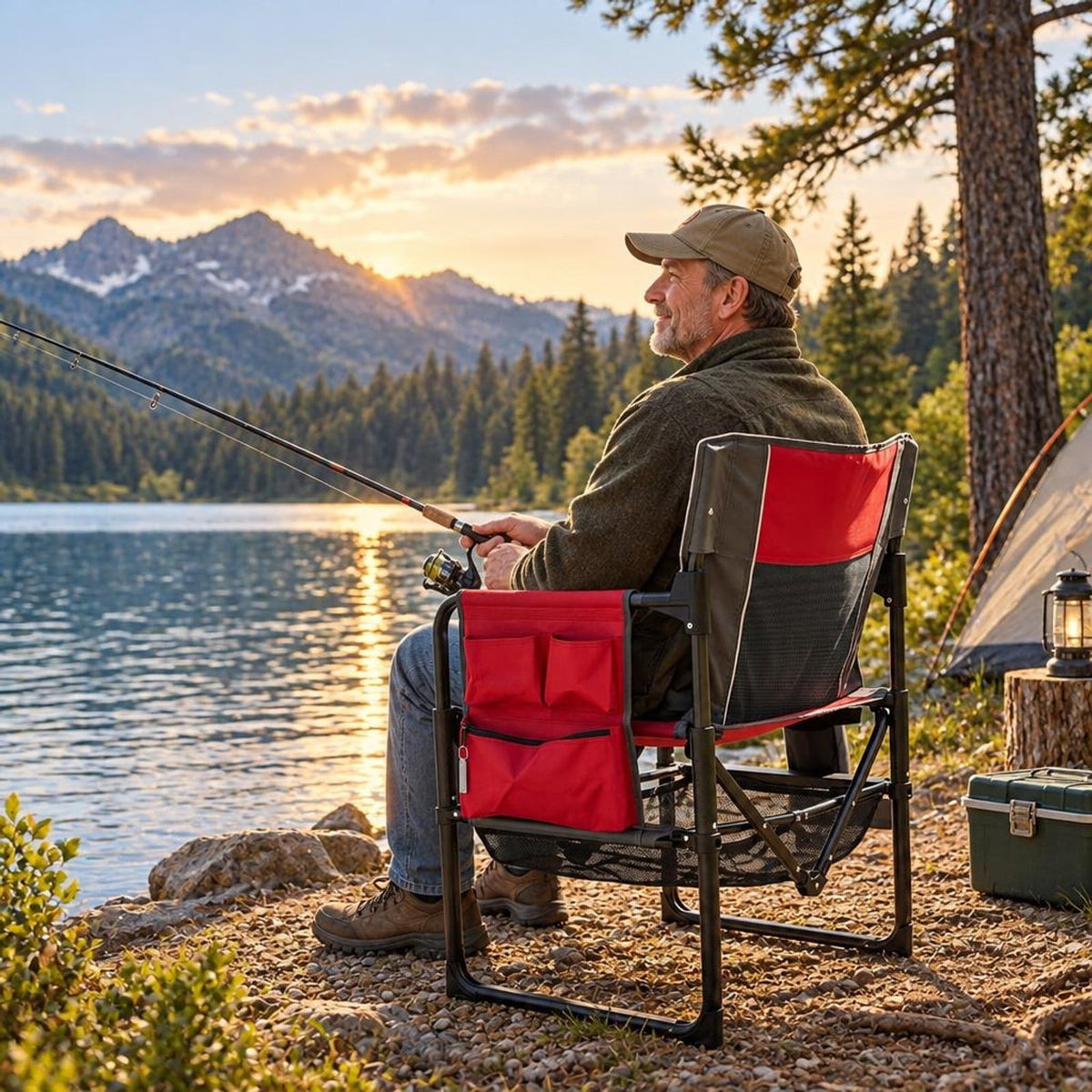 Airfind Heavy Duty Outdoor Camping Chair with Cup Holder and Side Pocket, 330 lbs Capacity, Metal Nylon Mesh PVC Fabric PP Frame, Red