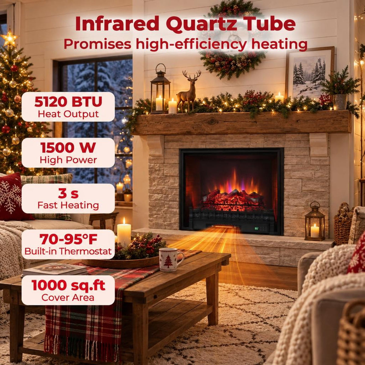 Airfind 26 Inch WiFi Infrared Quartz Electric Fireplace Insert Logs Heater with Realistic Lemonwood Logs, Cold-rolled Steel ABS Resin Frame, Black