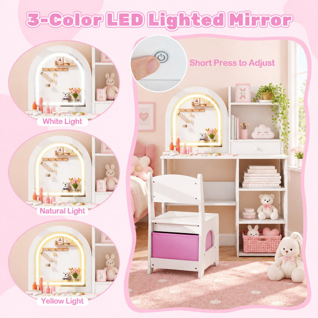 Airfind Kids Vanity Set Princess Girls Makeup Vanity Desk with Chair and 3-Color LED Lighted Mirror, 45 lbs Capacity, MDF Frame, White