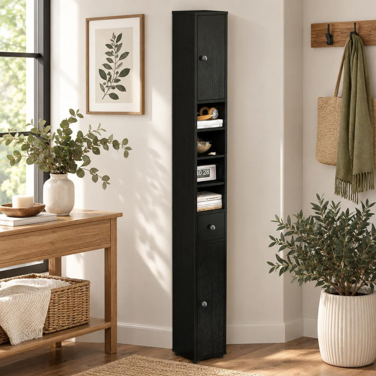 Airfind Freestanding Slim Bathroom Cabinet with Drawer and Adjustable Shelves, 110 lbs Capacity, MDF Frame, 8in x 8in x 71in Total Footprint, Black