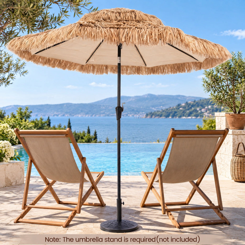 Airfind 9 FT Solar Thatched Tiki Umbrella with 96 Multi-colored Flowing Lights and 12 Modes, PE Thatch Polyester Fabric Metal Frame, Beige