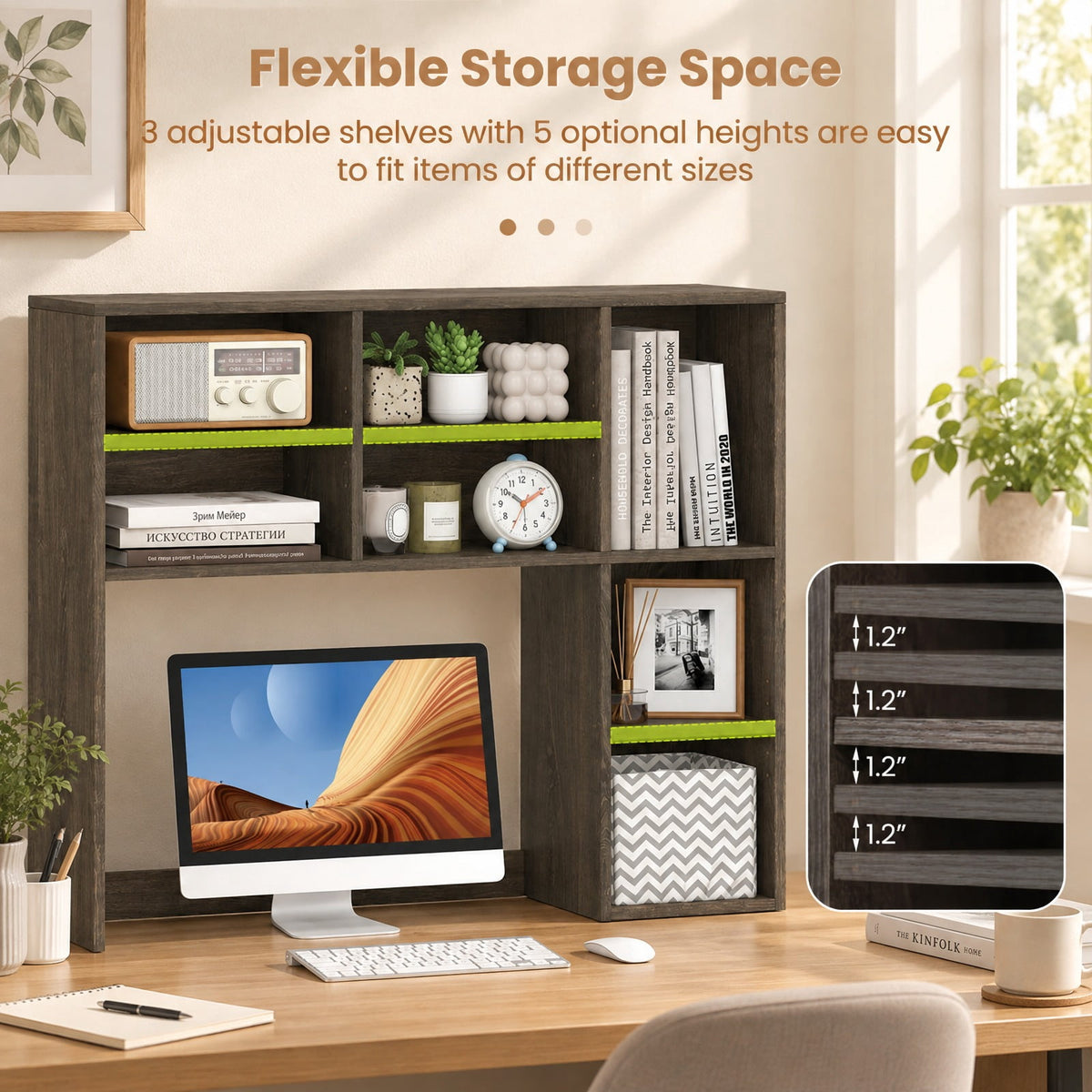 Airfind Desktop Bookshelf with 7 Open Cubbies and 3 Adjustable Shelves, 210 lbs Capacity, Engineered Wood MDF Frame, 37in x 10in x 31in Footprint