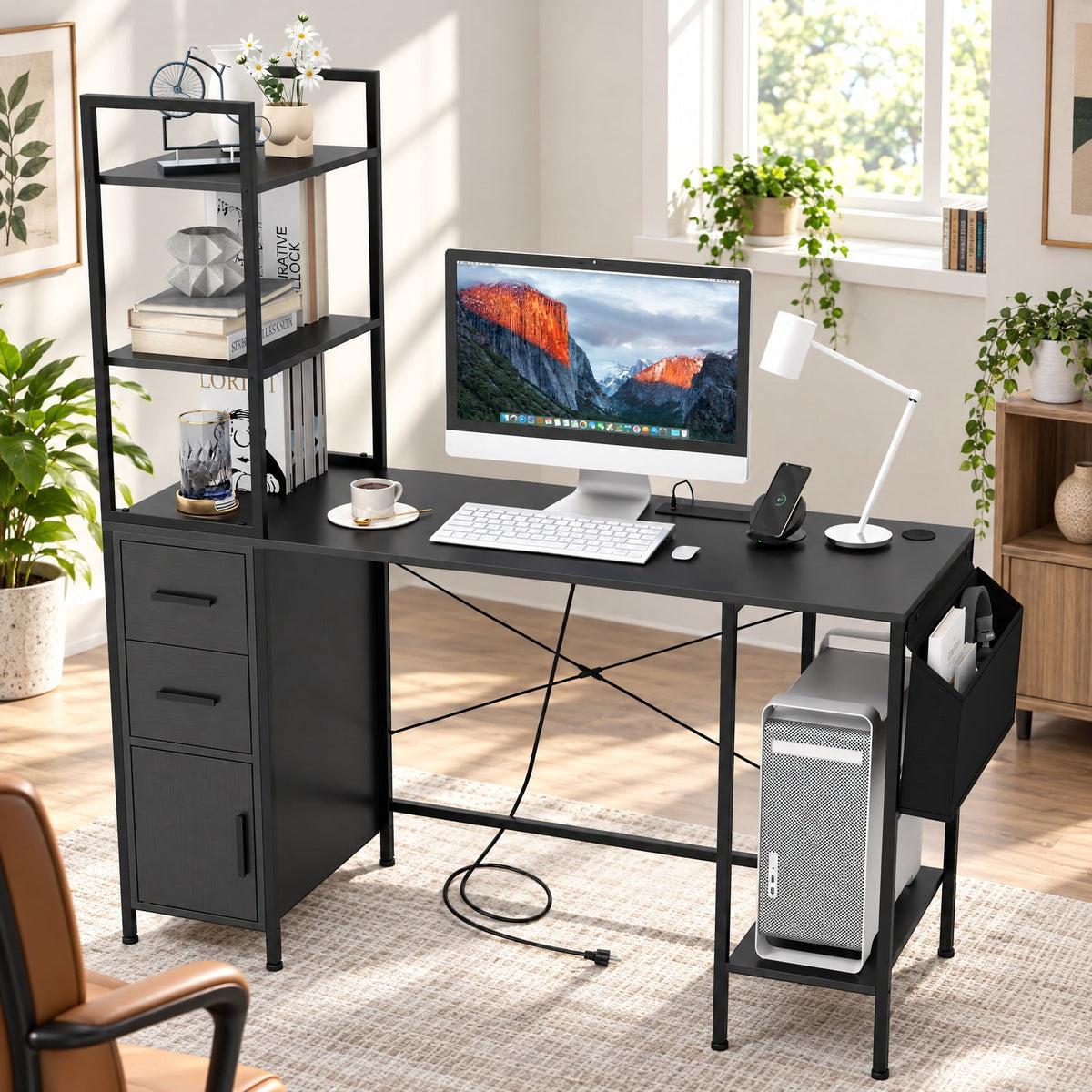 Airfind Office Desk with LED Lights and Power Outlets Computer Desk with Open Shelves, 200 lbs Capacity, Engineered Wood Metal Fabric Frame, Black