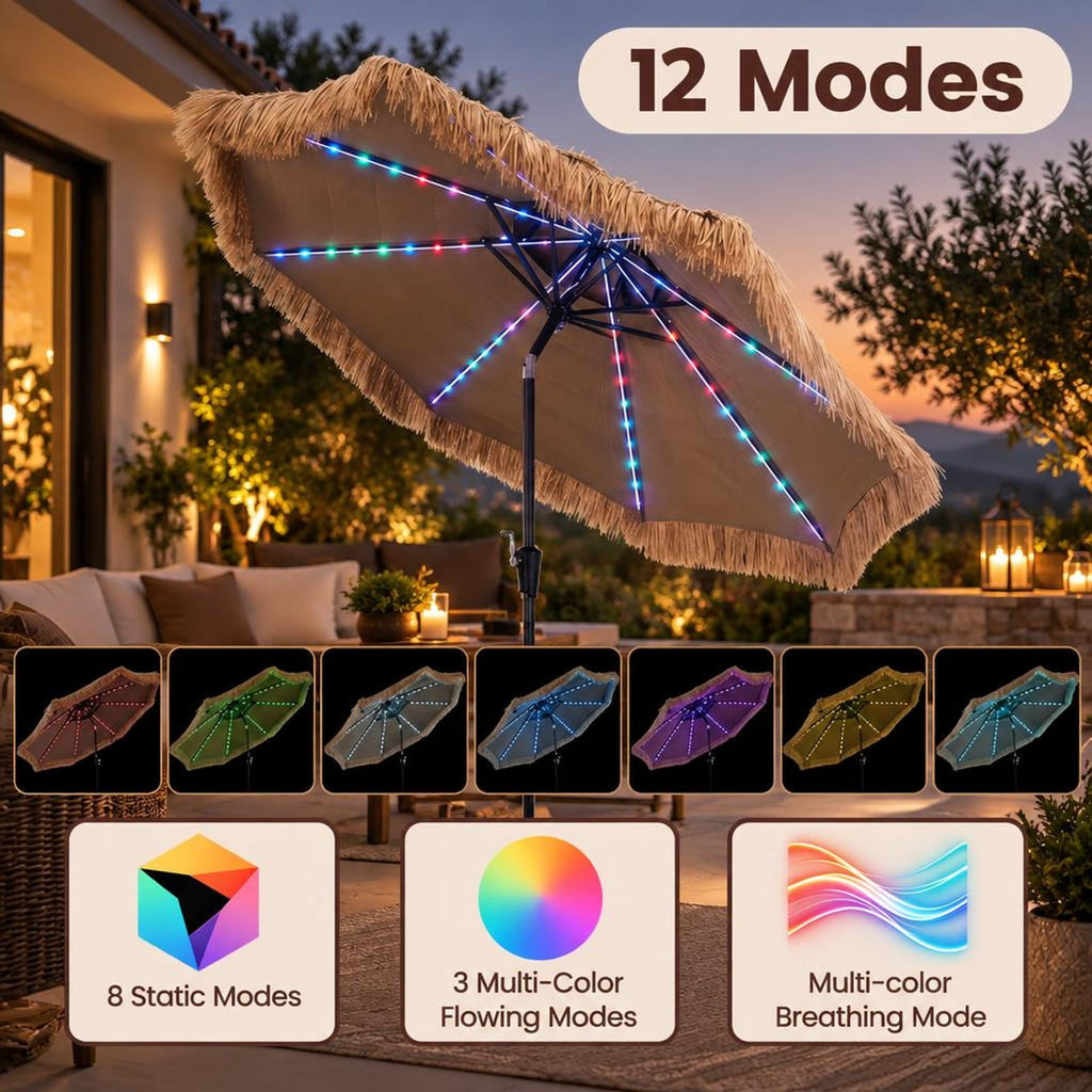 Airfind 9 FT Solar Thatched Tiki Umbrella with 96 Multi-colored Flowing Lights and 12 Modes, PE Thatch Polyester Fabric Metal Frame, Beige