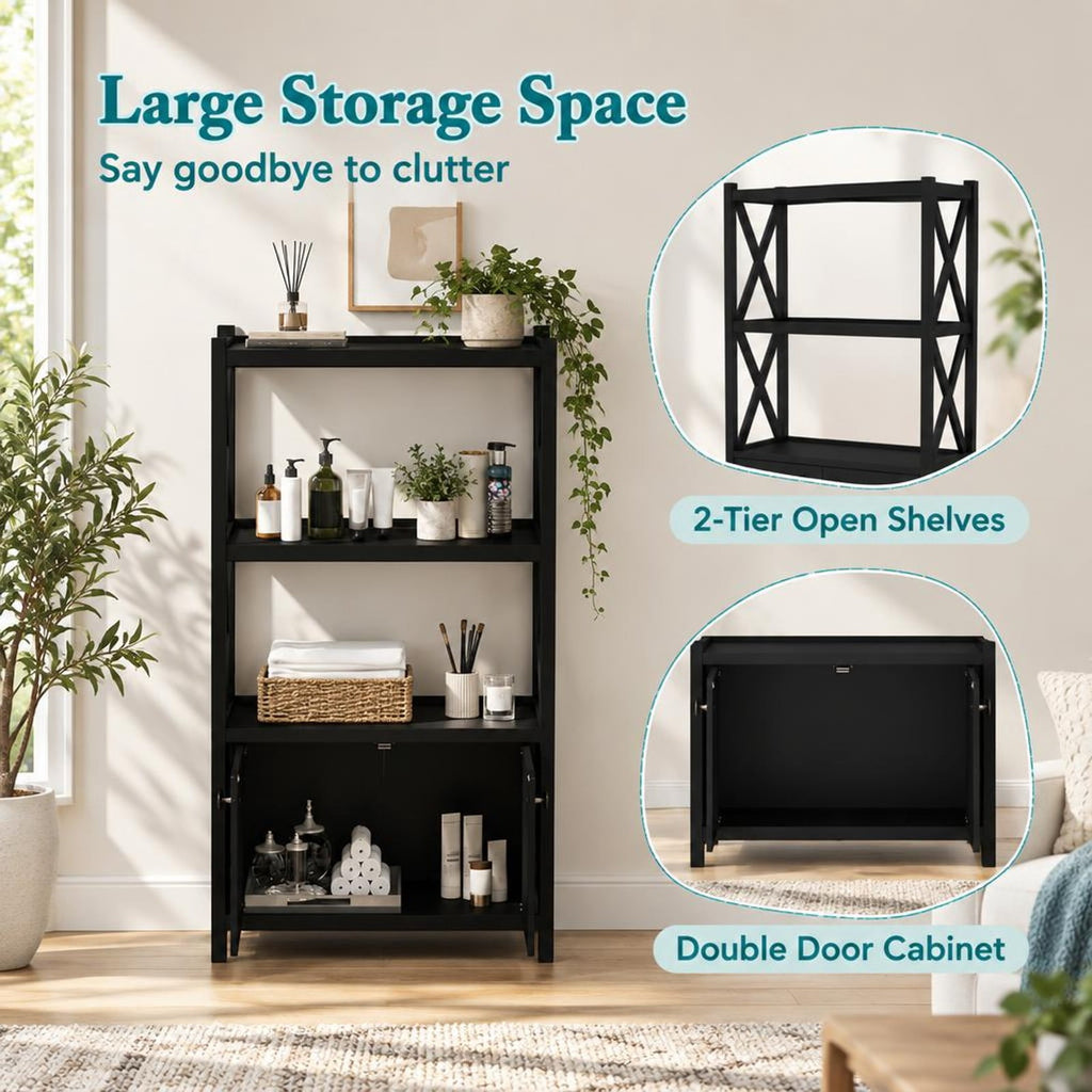 Airfind Bathroom Storage Cabinet with Open Shelves and Double Doors, 88 Lbs Capacity, Rubber Wood Mdf, 25 Inch X 12 Inch X 47 Inch, Black