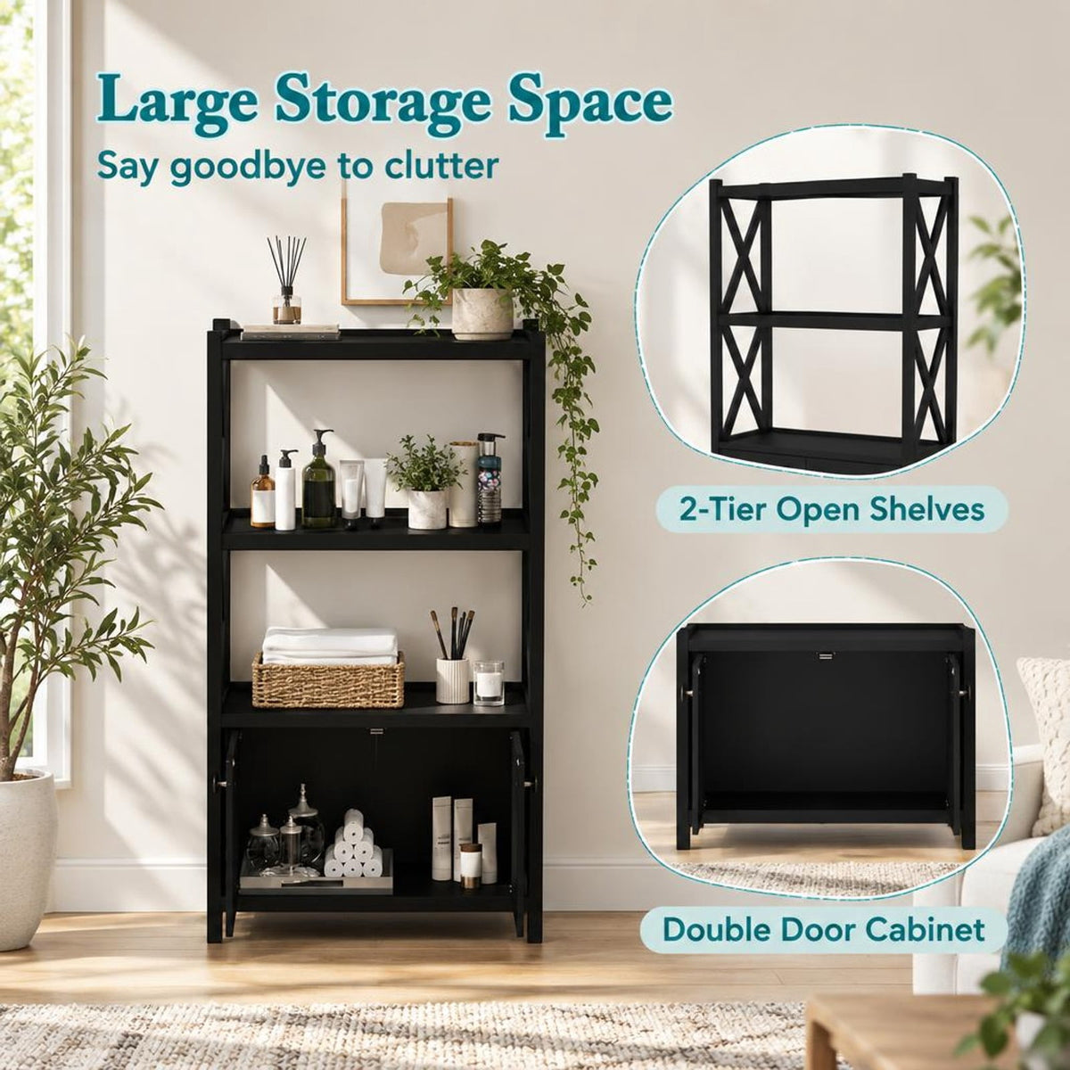 Airfind Bathroom Storage Cabinet with Open Shelves and Double Doors, 88 Lbs Capacity, Rubber Wood Mdf, 25 Inch X 12 Inch X 47 Inch, Black