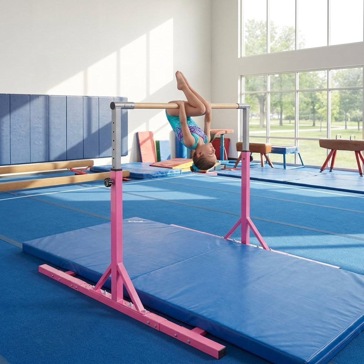 Airfind Adjustable Foldable Gymnastics Bar for Home with Heavy-Duty Steel Frame and Non-Slip Rubber Feet plus Safety Lock Pins for Kids Training, Pink