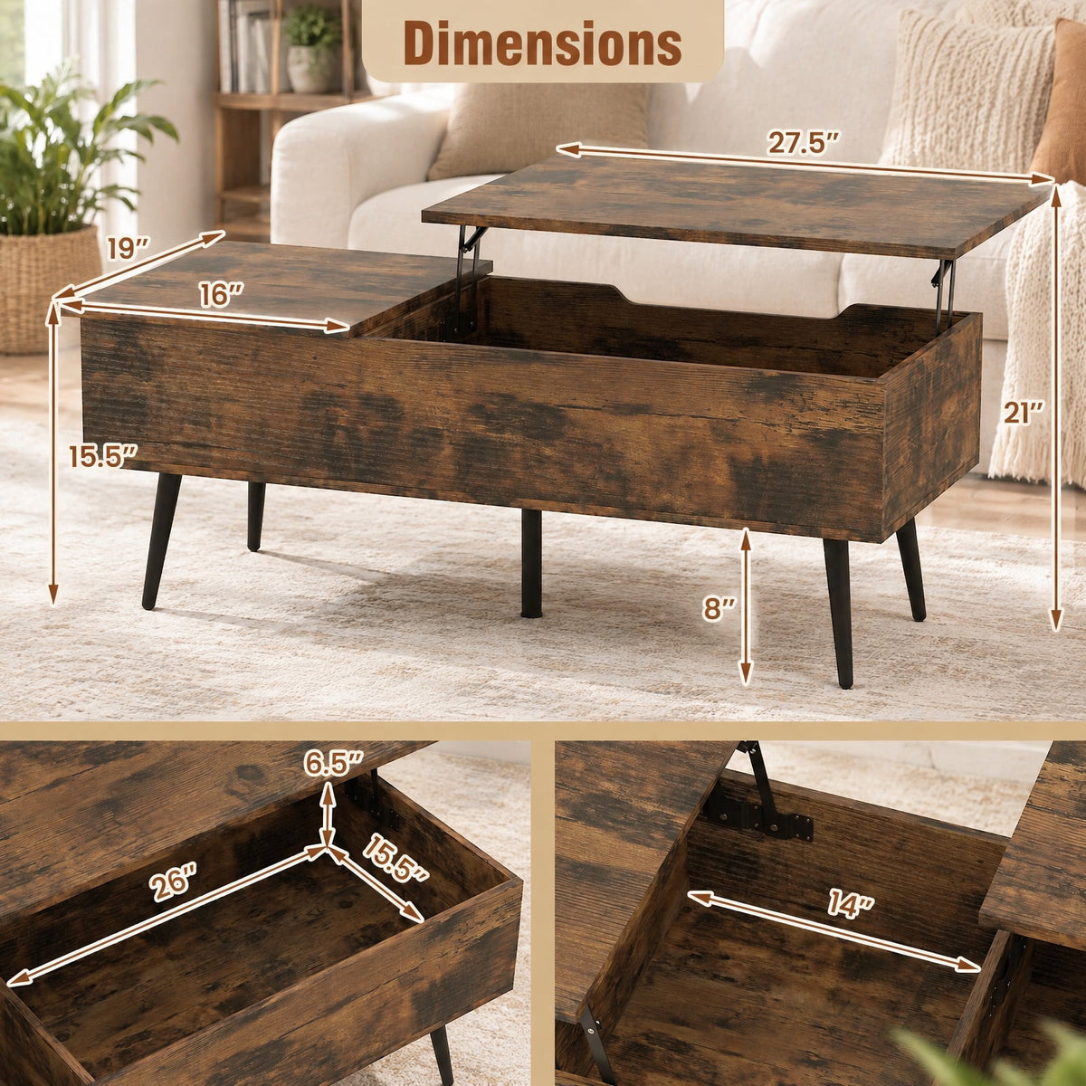 Airfind 47 Inch Lift Top Coffee Table with 2 Hidden Compartments, P2 Engineered Wood Solid Wood Steel Frame, Coffee