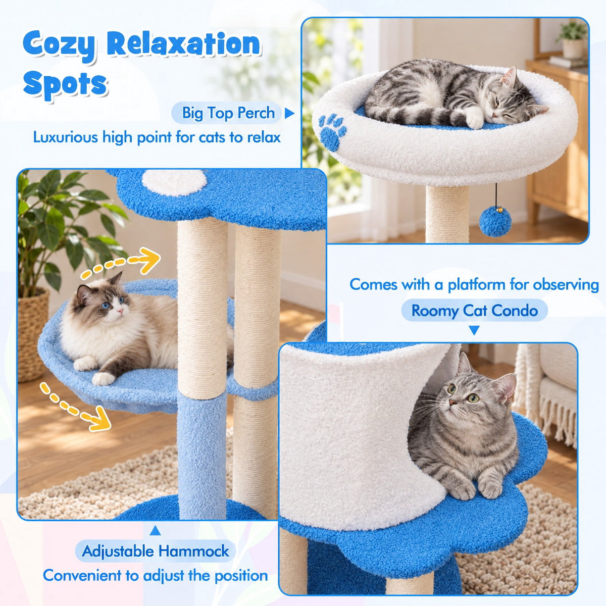 Airfind 54 Inches Tall Modern Cat Tree Tower for Indoor Cats, 22 lbs Capacity, Teddy Plush Fabric Sisal Engineered Board Frame, Blue
