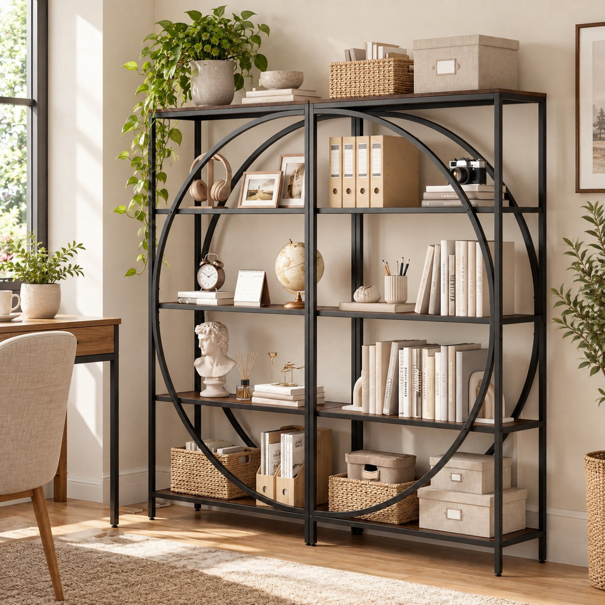 Airfind 5-Tier Bookshelf with Half-Moon Shape for Living Room and Home Office, 88 lbs Capacity, Engineered Wood Metal Frame, Brown