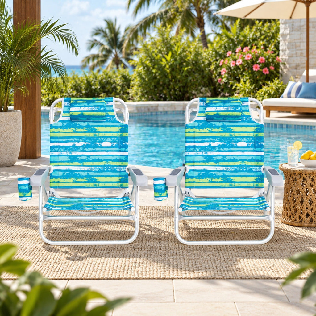 Airfind 2 Pack Folding Beach Chair with Adjustable Positions and Head Pillow, Metal Oxford Fabric Aluminum Frame, Green