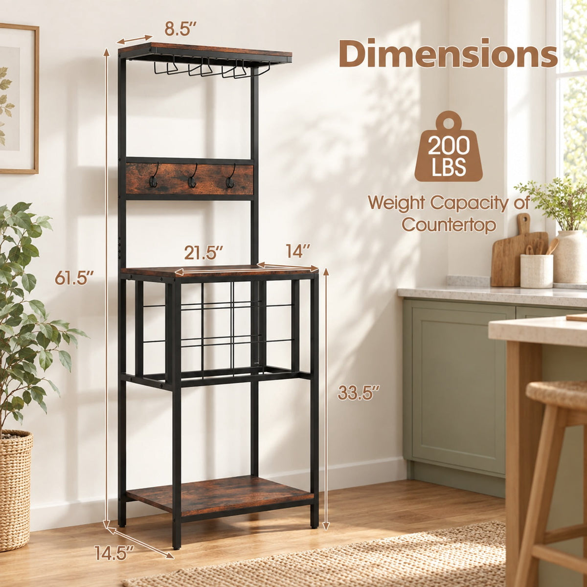 Airfind Freestanding Wine Rack Floor Wine Bar Cabinet with Glass Racks, 200 lbs Capacity, Engineered Wood Metal Frame, Brown