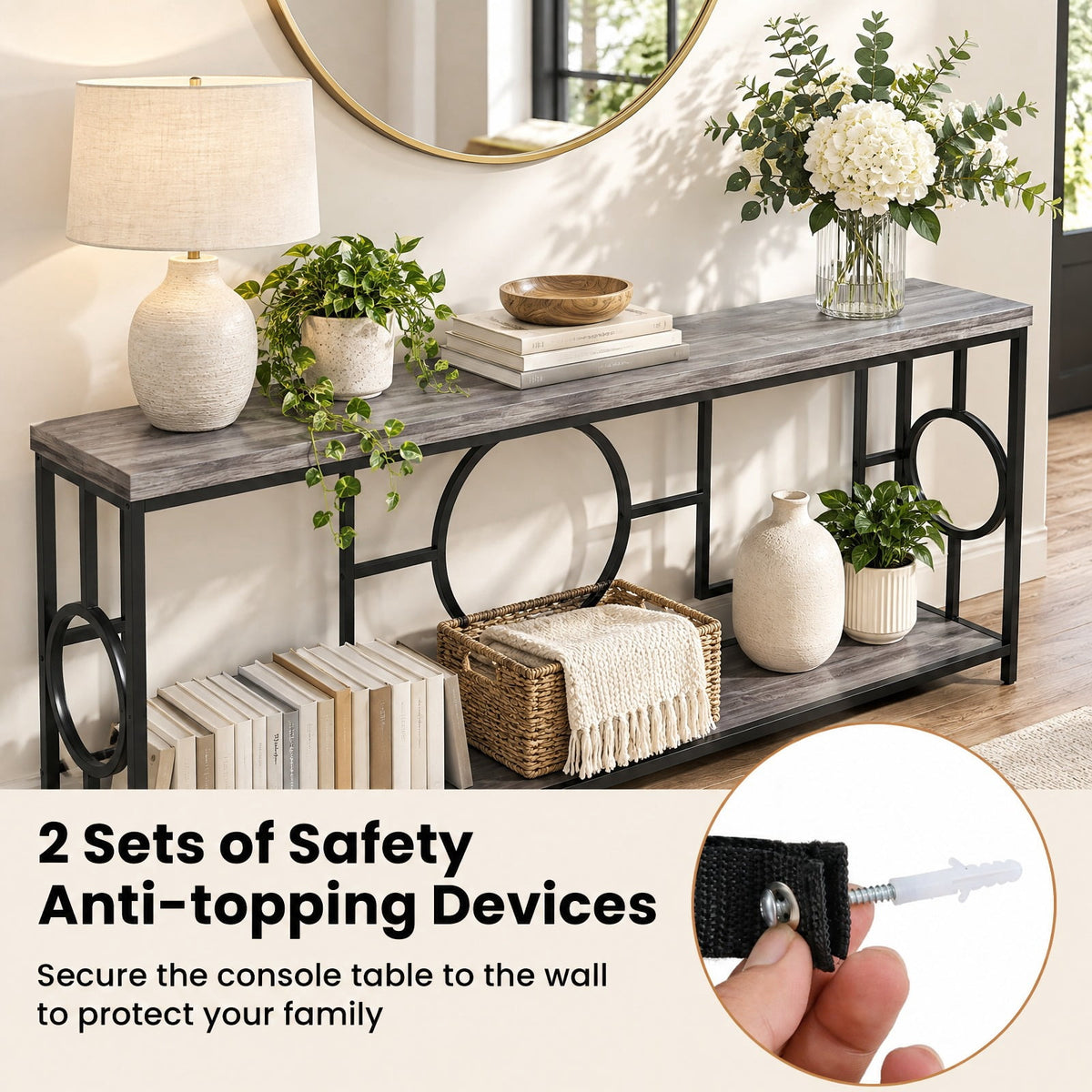Airfind 2-Tier Faux Marble Top Console Table with Storage Shelf for Hallway, 110 lbs Capacity, MDF Metal Frame, Brown