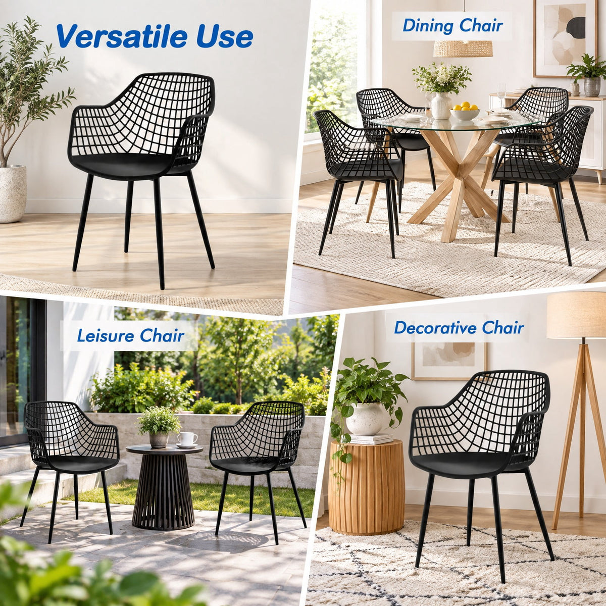 Airfind Set of 4 Heavy Duty Modern Dining Chair featuring Airy Hollow Backrest, 265 lbs Capacity, PVC Frame, 22.5 Inch x 21 Inch x 34 Inch Footprint, Black