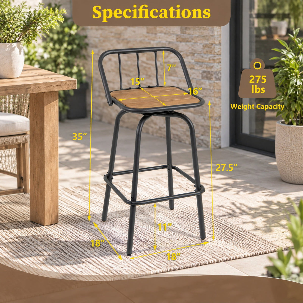 Airfind 360° Swivel Bar Stool Set of 2 with Footrest and Backrest-Balck and Natural, 275 lbs Capacity, Plastic Wood Metal Frame, Natural