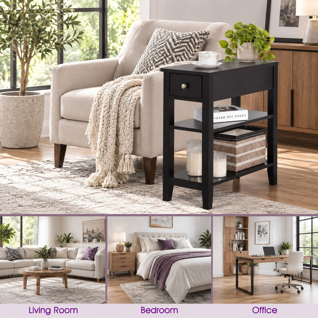 Airfind 3-Tier End Table with Drawer slideway and Double Shelves, 90 lbs Capacity, MDF Frame, 24 Inch x 12 Inch x 24.5 Inch (L x W xH) Drawer Footprint, Brown