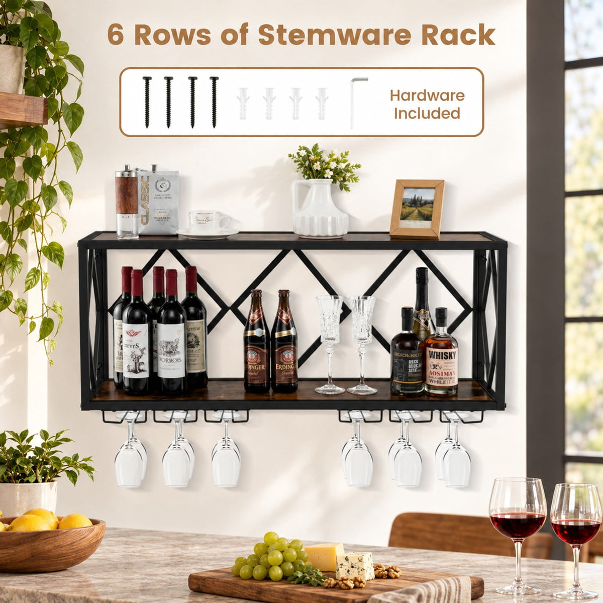 Airfind Wall Mounted Wine Rack for 39 Bottles and 12 Glasses, Shelf 100 lbs Capacity, Metal Engineered Wood Frame, Rustic Brown Black
