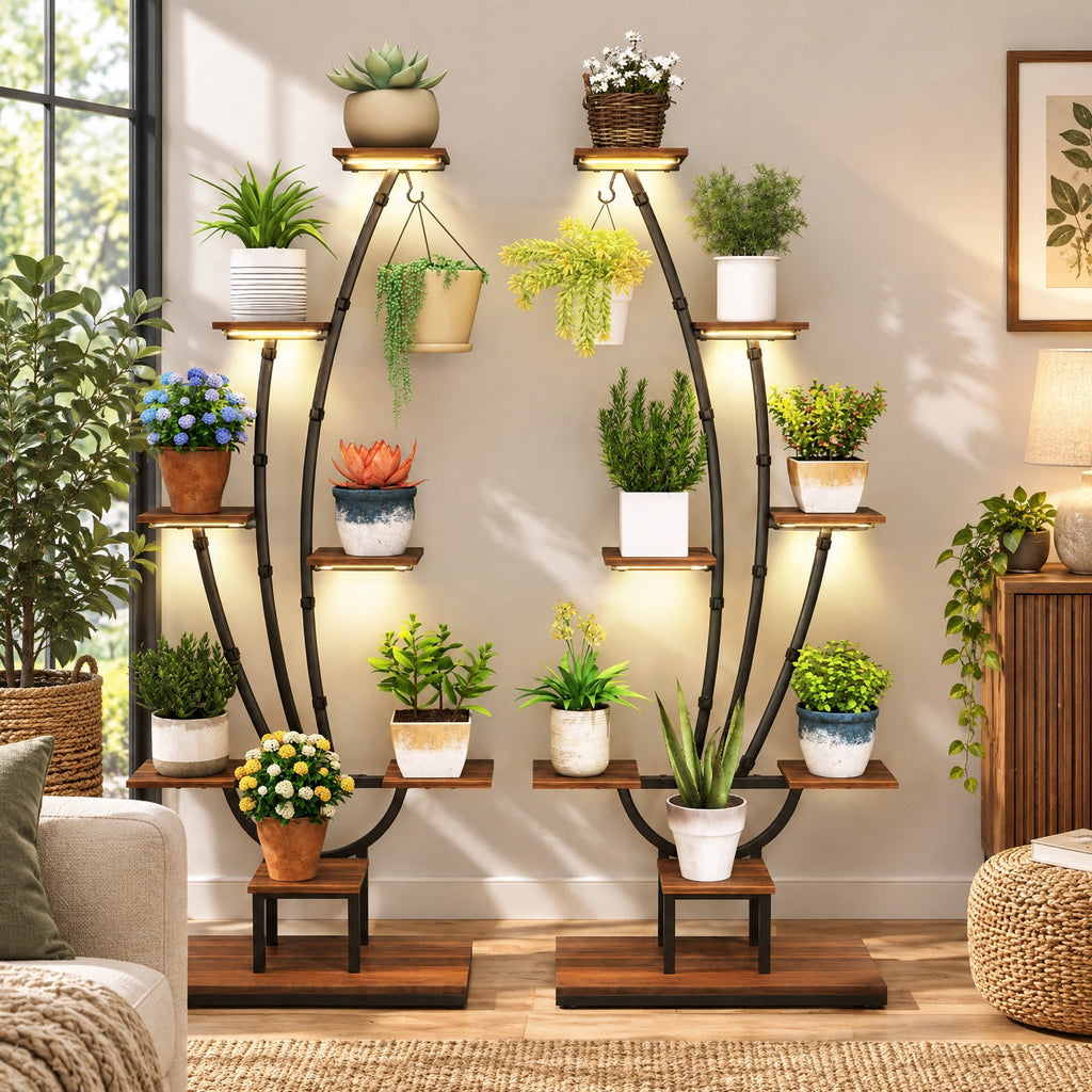 Airfind Indoor Plant Stand with Grow Lights Tall 8-Tier Corner Metal Plant Shelf-Set of 2, Layer 10 lbs Capacity, Metal Engineered Board Frame