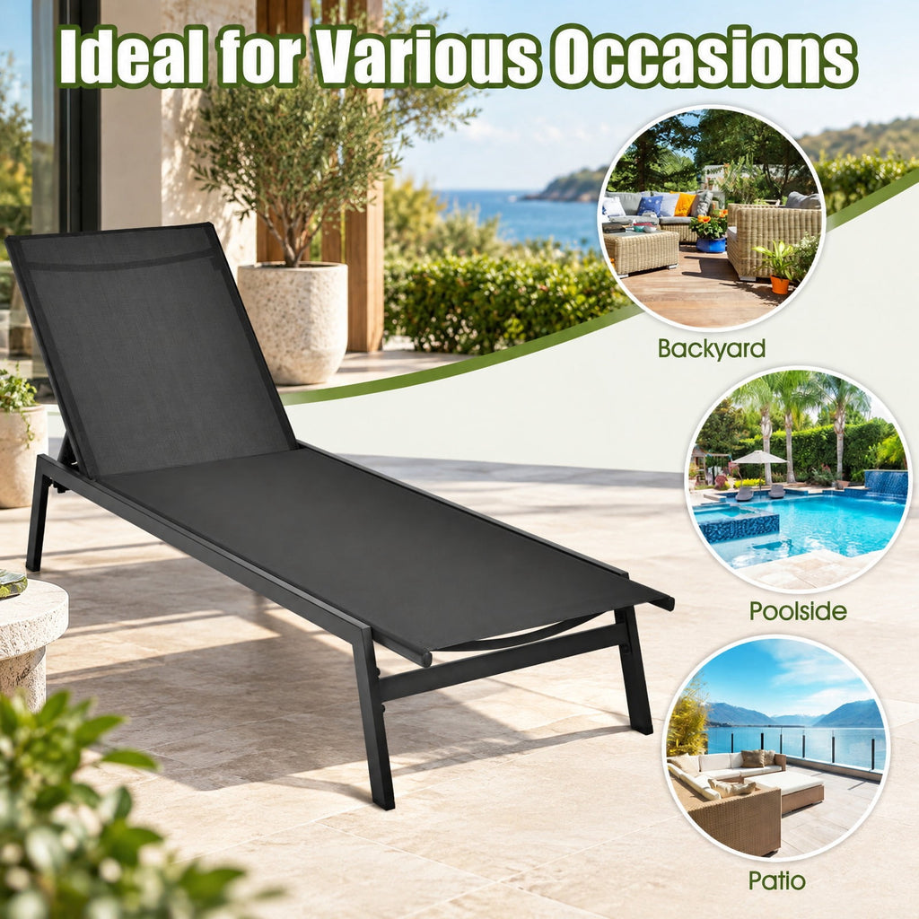 Airfind Outdoor Reclining Chaise Lounge Chair with 6-Position Adjustable Back, 330 lbs Capacity, Steel fabric Frame, Black