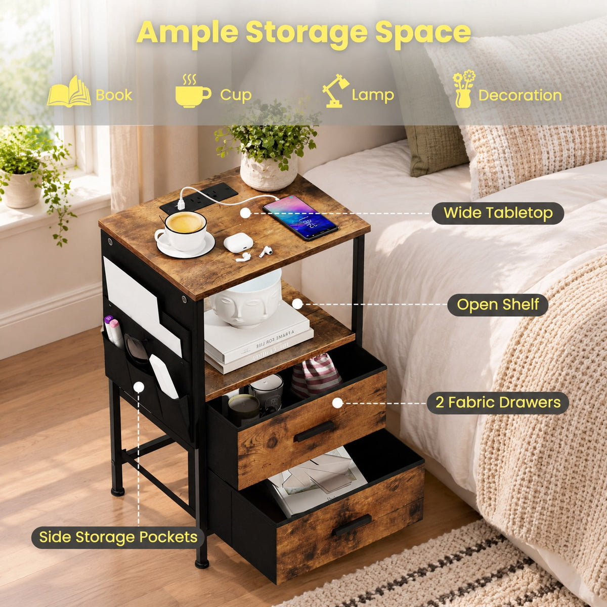 Airfind End Table with Charging Station Set of 2 Nightstand with 2 Folding Fabric Drawers, 110 lbs Capacity, Rustic Brown + Black