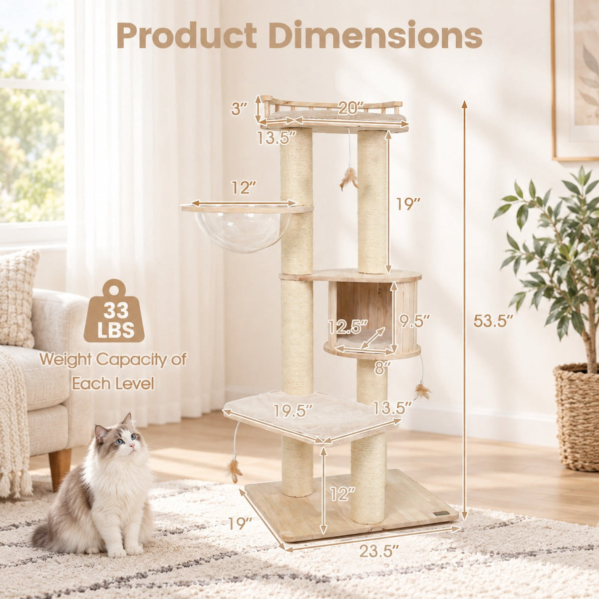 Airfind Cat Tree for Indoor Kittens with Top Perch Condo Space and 3 Hanging Feather Toys, 4 Inch Sisal Scratching Posts for Cats to Claw, Beige