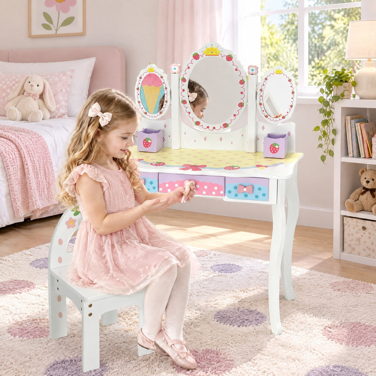 Airfind Kids Vanity Princess Makeup Dressing Table Chair Set with Tri-fold Mirror, 44 lbs Capacity, MDF Frame, White