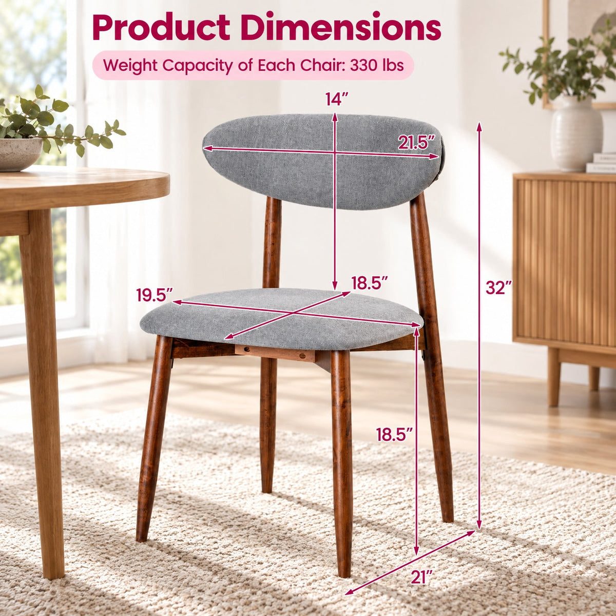 Airfind Set of 4 Fabric Upholstered Dining Chairs with Curved Backs, 330 lbs Capacity, Rubber Wood Polyester Fabric Sponge Frame, Gray