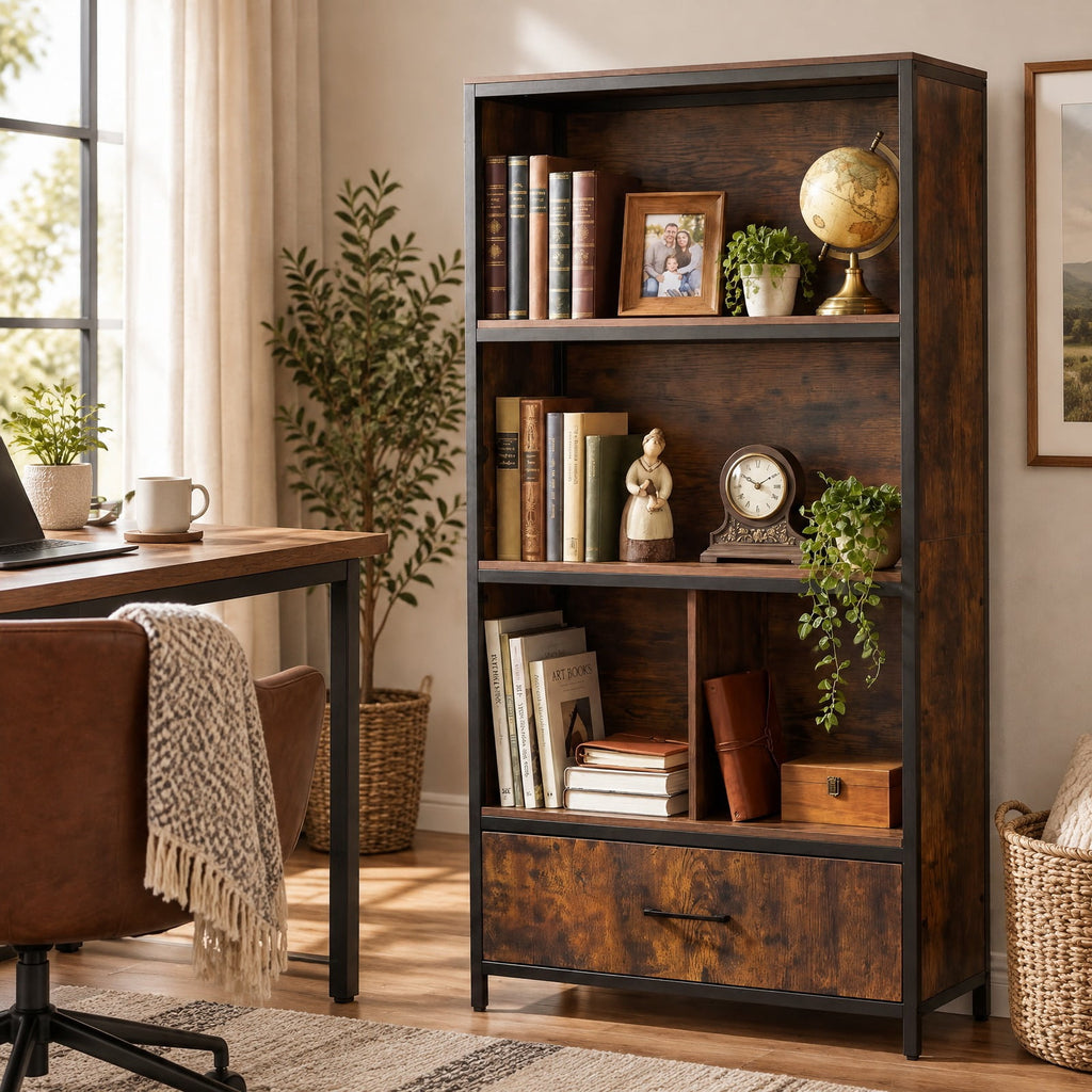 Airfind 56in Tall Freestanding Bookcase with Drawer 5 Tier, 44 lbs Capacity, Engineered Wood Metal Frame, 27in x 12in x 56in Footprint