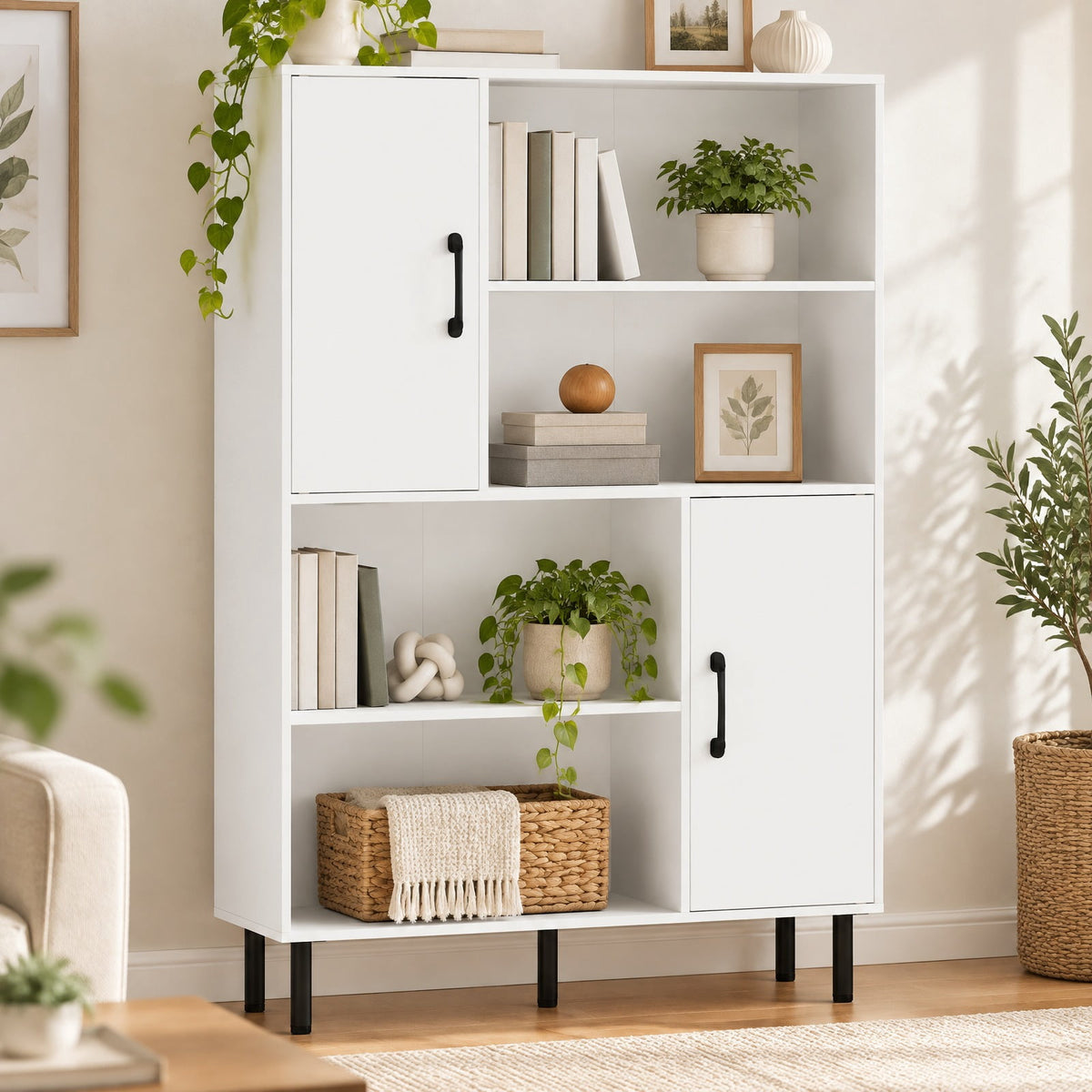 Airfind 47 Inch Storage Cabinet Freestanding Bookcase with 2 Doors and 4 Open Shelves, 176 lbs Capacity, Engineered Wood MDF Metal Frame, White