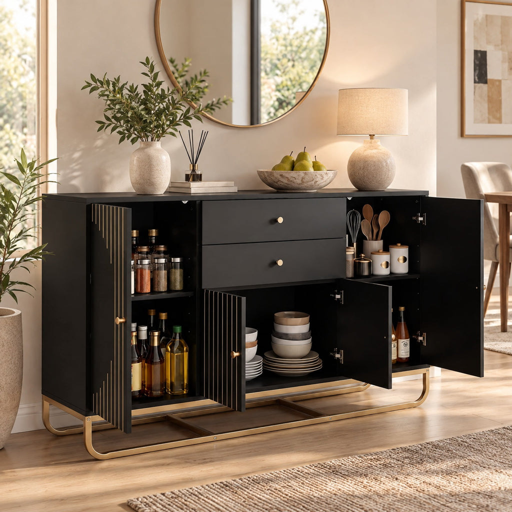 Airfind Modern Buffet Sideboard Cabinet w/ 2 Drawers Adjustable Shelves for Dining Room, 176 lbs Capacity, Engineered Wood Metal Frame, Black