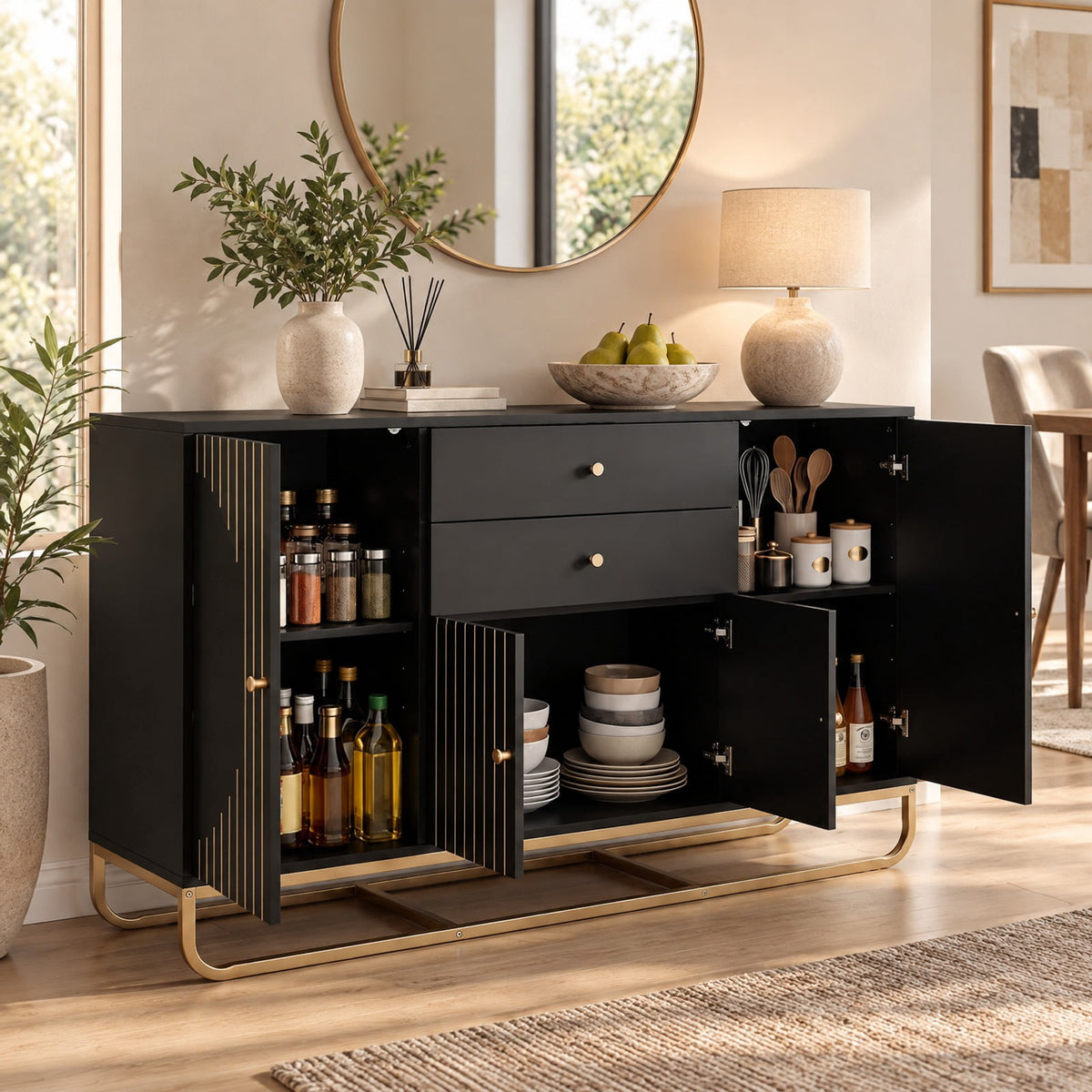 Airfind Modern Buffet Sideboard Cabinet w/ 2 Drawers Adjustable Shelves for Dining Room, 176 lbs Capacity, Engineered Wood Metal Frame, Black