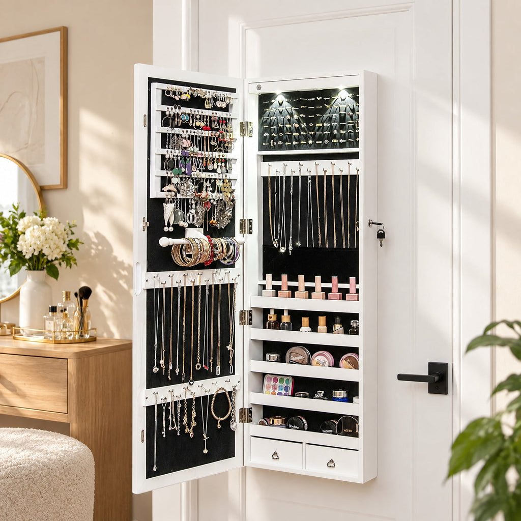 Airfind Lockable Wall Mount Mirrored Jewelry Cabinet with LED Lights, MDF Type: Wall/Door mounted Frame, 14.6 Inch x 3.8 Inch x 43.3 Inch Footprint, White