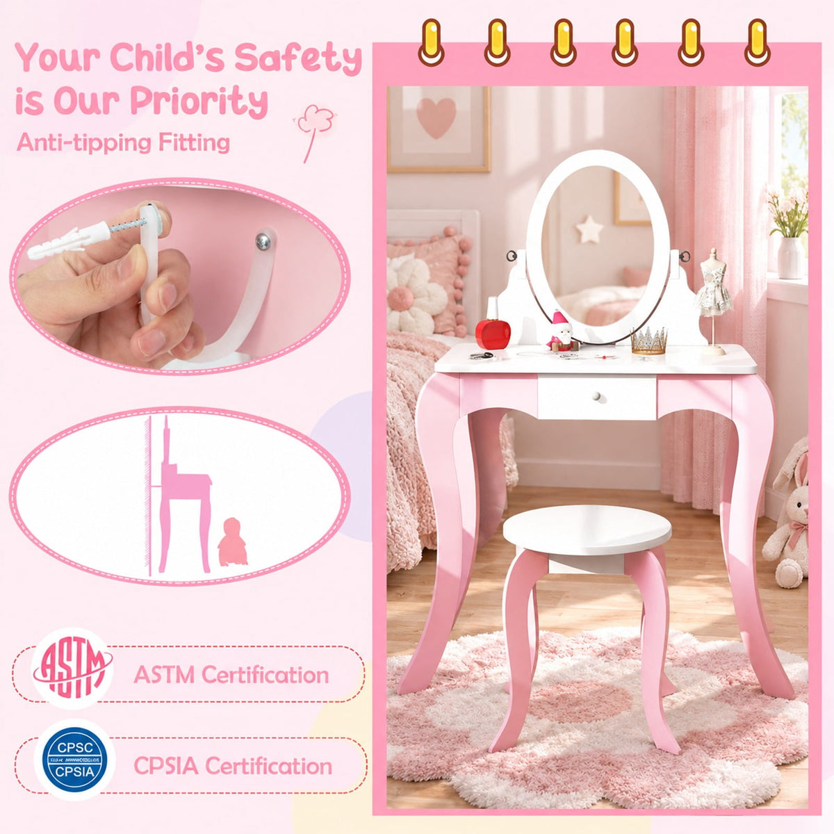 Airfind Pretend Kids Vanity Set with 360° Rotatable Mirror and Play Accessories, 66 lbs Capacity, MDF Acrylic Frame, 24 x 13.5 x 40 Footprint