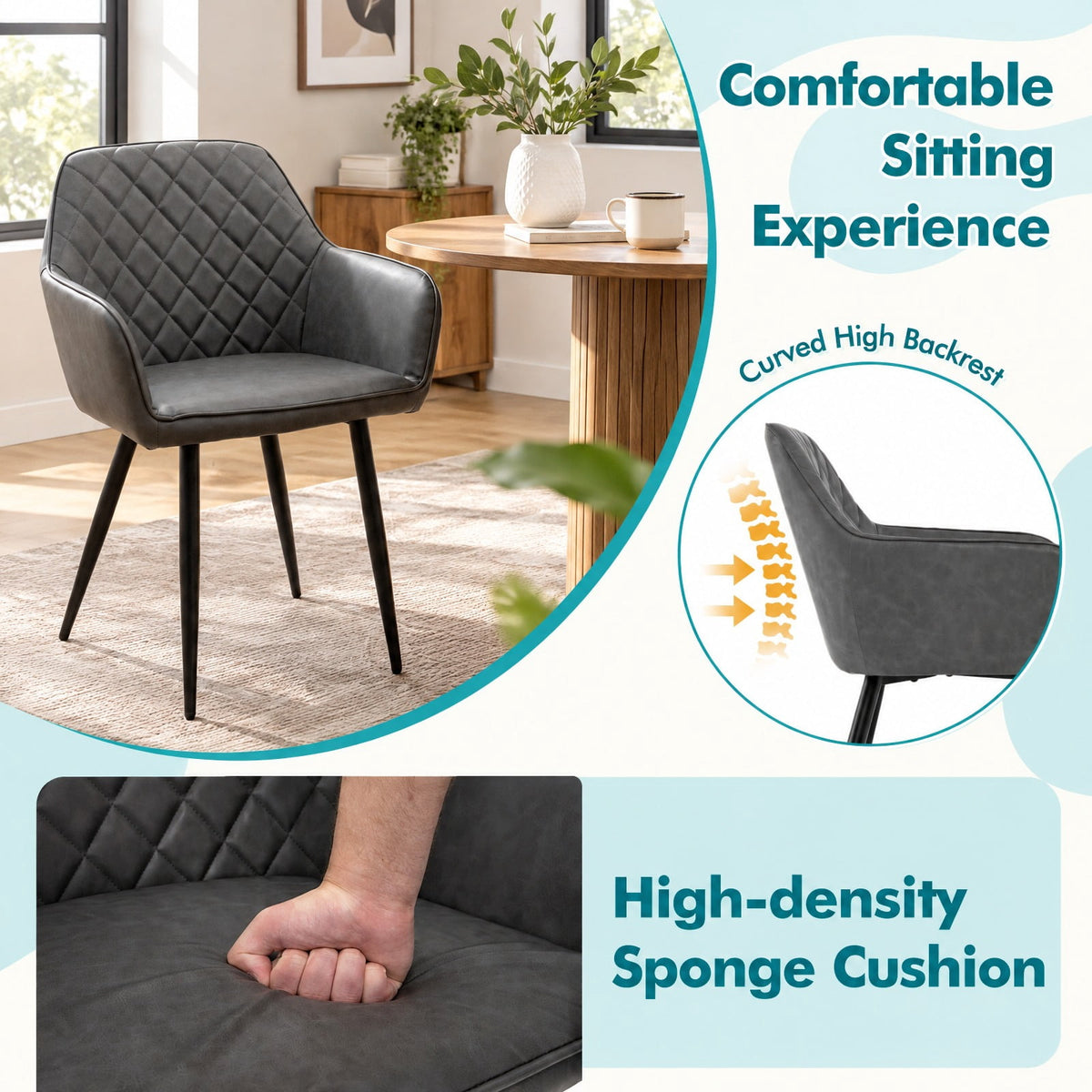 Airfind Leisure Dining Chair Set of 2 with Curved Backrest and Wide Seat, 330 lbs Capacity, Fabric Metal Frame, 23.5 x 21.5 x 33 Footprint, Gray