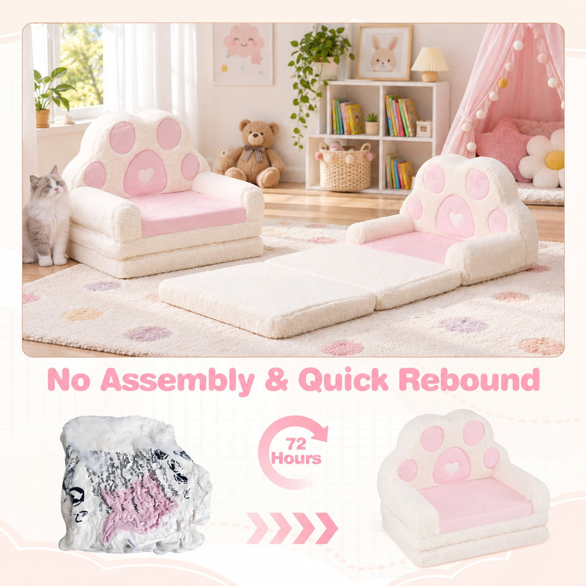 Airfind 2-in-1 Convertible Kids Sofa to Lounger with Removable Cover, Cotton Velvet Sponge Frame, for 18-36 Months Old, Pink