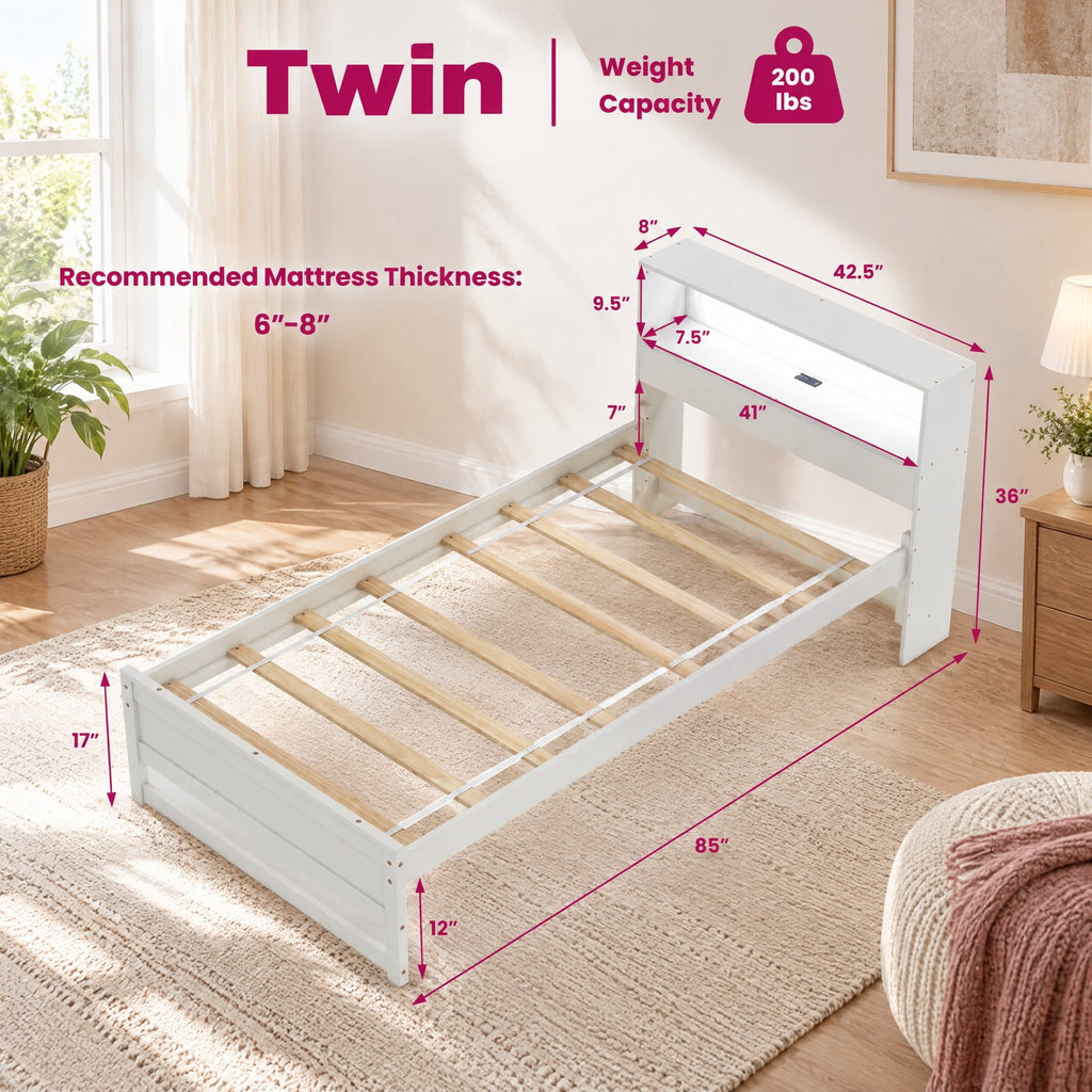 Airfind Twin Size Bed Frame with Storage Headboard and Charging Station, 200 lbs Capacity, Plywood Pine Wood MDF Engineered Wood Frame, White